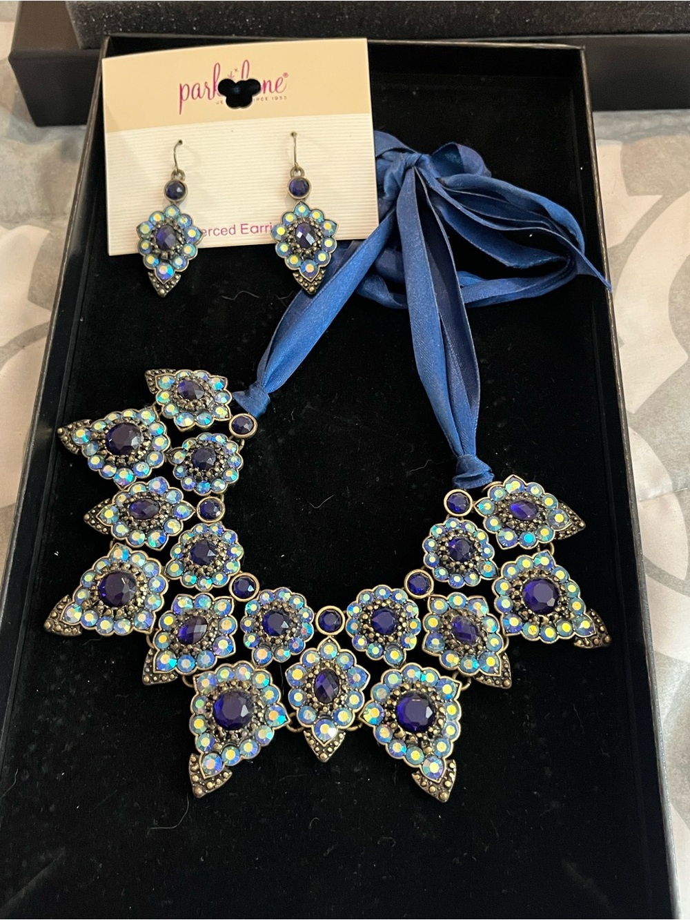 Park Lane Navy and Iridescent Crystal Statement Necklace with Matching Earrings